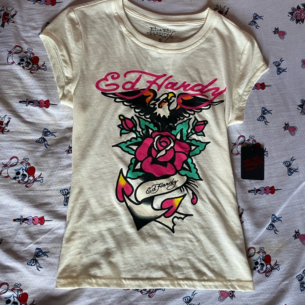 Ed Hardy Cream Tee with Pink Rose, Black Eagle & Green Leaves